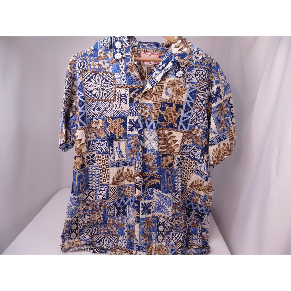RJC Hawaiian Button Shirt Men's XL Tapa Turtle Palm Tree Cotton Made in Hawaii